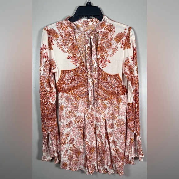 FREE PEOPLE Lady Luck
Tunic Dress Rust Ivory Open Back
Tie Long Sleeve - Picture 7 of 8